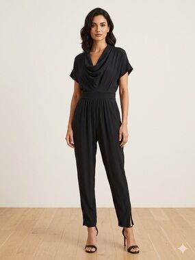 Catherine Malandrino Black 95% Silk Cowl Neck Jumpsuit - Size 14